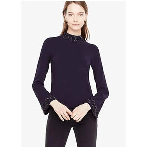 Ann Taylor Embellished Mock Neck Bell Sleeve Sweater M New